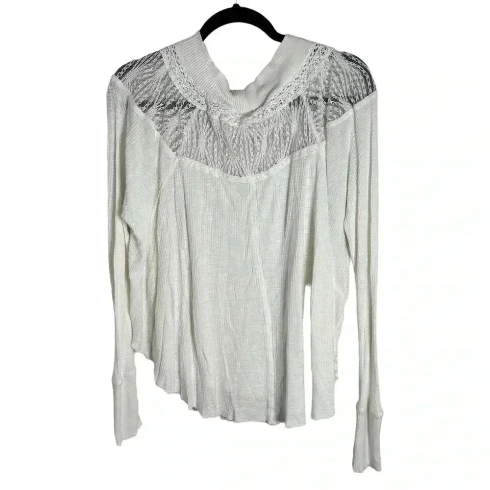 Free People Spring Valley Thermal Long Sleeve Shirt White Lace Size Medium